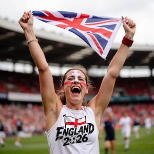 May include: A person celebrating with arms raised, holding a Union Jack flag. The person is wearing a white tank top with the text "England 2026" and face paint. The background shows a soccer field and stadium seating.