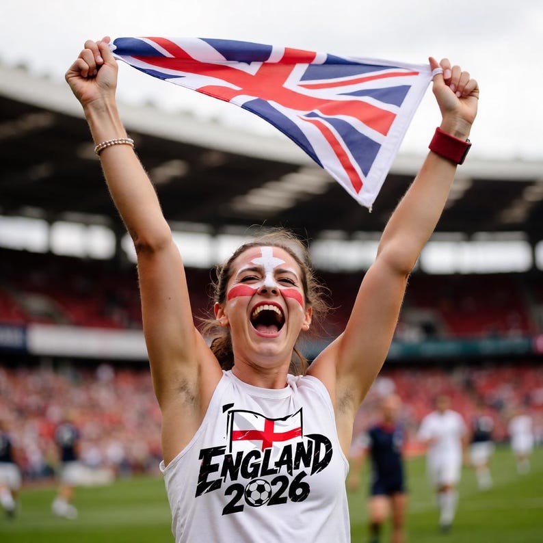 May include: A person celebrating with arms raised, holding a Union Jack flag. The person is wearing a white tank top with the text "England 2026" and face paint. The background shows a soccer field and stadium seating.