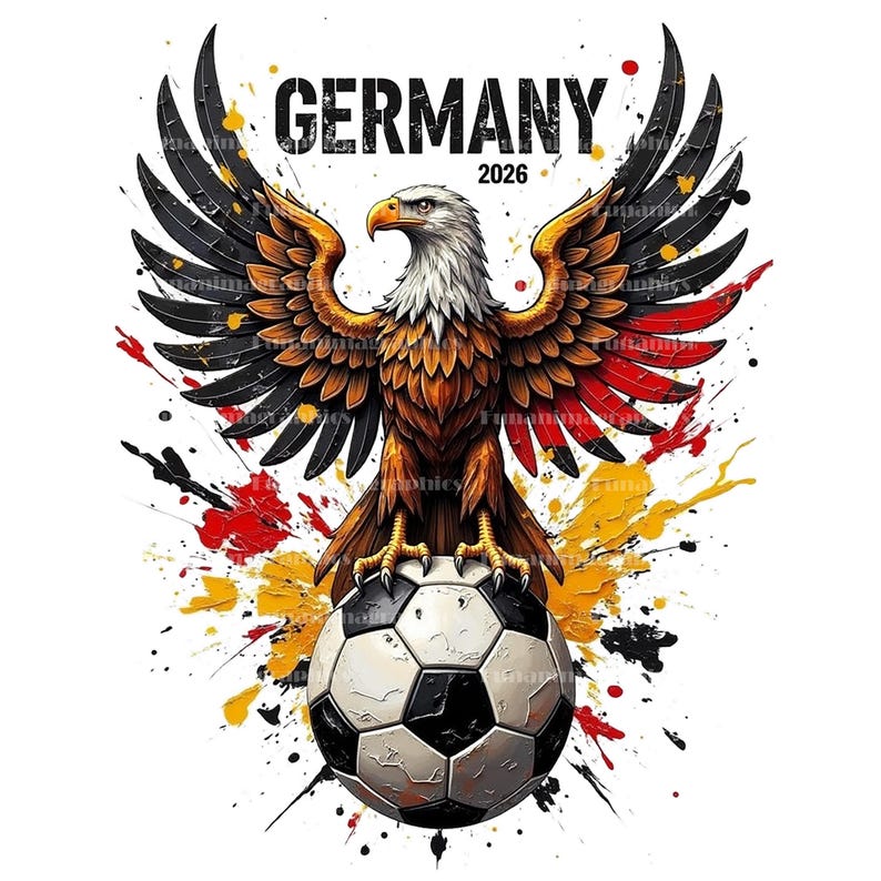 Puede incluir: Ilustraci&oacute;n detallada de un &aacute;guila alemana con las alas extendidas, posada sobre un bal&oacute;n de f&uacute;tbol. El &aacute;guila es en tonos marrones, dorados y blancos, con alas que incorporan los colores de la bandera alemana. La palabra "GERMANY" y el a&ntilde;o "2026" est&aacute;n encima del &aacute;guila.