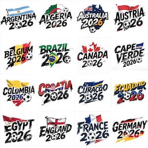 May include: A collection of logos featuring flags and the text "2026" with a soccer ball. Flags include Argentina, Algeria, Australia, Austria, Belgium, Brazil, Canada, Cape Verde, Colombia, Croatia, Curacao, Ecuador, Egypt, England, France, and Germany.