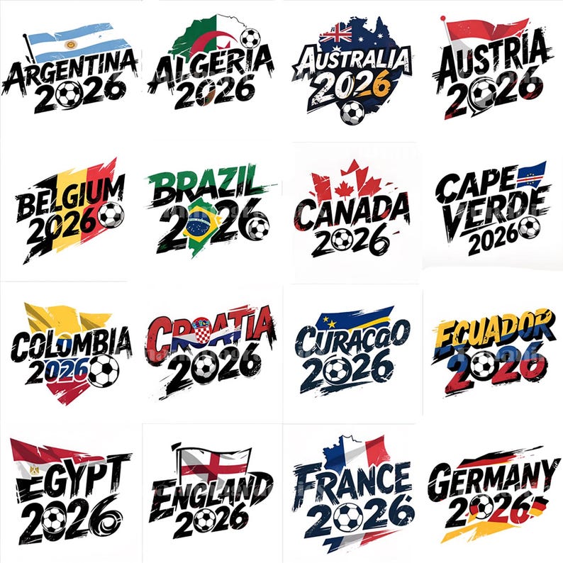 May include: A collection of logos featuring flags and the text "2026" with a soccer ball. Flags include Argentina, Algeria, Australia, Austria, Belgium, Brazil, Canada, Cape Verde, Colombia, Croatia, Curacao, Ecuador, Egypt, England, France, and Germany.