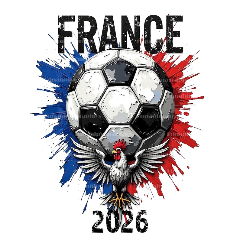 Puede incluir: Un dise&ntilde;o gr&aacute;fico con un bal&oacute;n de f&uacute;tbol, un gallo y la palabra "FRANCE" en negro. El gallo tiene las alas extendidas, y el fondo tiene salpicaduras de pintura azul y roja. El a&ntilde;o "2026" est&aacute; en la parte inferior.