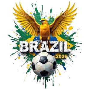 Puede incluir: Dise&ntilde;o gr&aacute;fico con un &aacute;guila dorada con las alas extendidas, sobre una bandera brasile&ntilde;a y salpicaduras de pintura. La palabra "BRAZIL" se muestra prominentemente sobre un bal&oacute;n de f&uacute;tbol, con "2026" debajo.