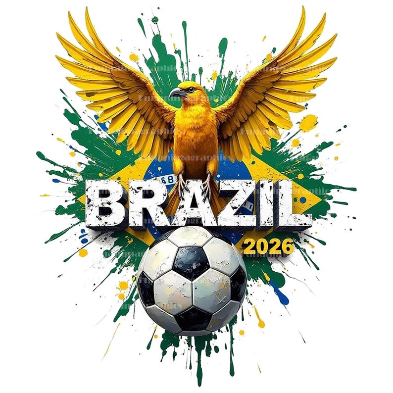 Puede incluir: Dise&ntilde;o gr&aacute;fico con un &aacute;guila dorada con las alas extendidas, sobre una bandera brasile&ntilde;a y salpicaduras de pintura. La palabra "BRAZIL" se muestra prominentemente sobre un bal&oacute;n de f&uacute;tbol, con "2026" debajo.