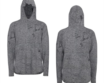 Sudadera con capucha de malla metálica, top de cosplay de malla metálica de caballero medieval, sudadera deportiva con capucha de protección solar con estampado de malla metálica para juegos de rol de fantasía y orificios para los pulgares.