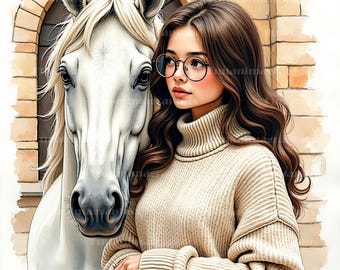 Women And Horses Watercolour Clipart JPG, Digital Art Download Horsewomen JPG Bundle For Print-on-demand, Commercial Use 12-Piece Pack
