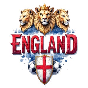 Puede incluir: Dise&ntilde;o gr&aacute;fico con tres cabezas de le&oacute;n doradas, una coronada, sobre la palabra "ENGLAND" en rojo. Debajo, un escudo con una cruz roja y dos balones de f&uacute;tbol, sobre un fondo azul y blanco.