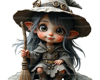 Chibi Witch Clipart PNG Transparent Background, Digital Art Download PNG Bundle For Print-on-demand Products, Commercial Use 12-Piece Pack