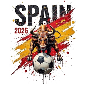 Puede incluir: Ilustraci&oacute;n digital de un toro marr&oacute;n con grandes cuernos, de pie sobre un bal&oacute;n de f&uacute;tbol. La palabra "SPAIN" est&aacute; encima del toro, con "2026" debajo. El fondo tiene pinceladas rojas, amarillas y negras.
