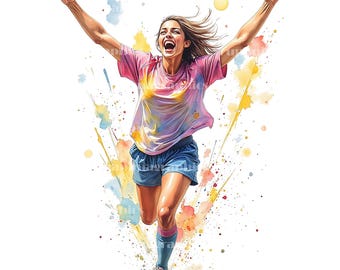 Imágenes prediseñadas de acuarela con salpicaduras de pintura de fútbol femenino, paquete de 24 piezas para uso comercial.