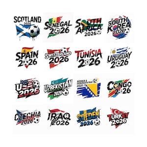 May include: A selection of soccer-themed logos, each with a flag, the year 2026, and a football. Countries represented include Scotland, Senegal, and South Africa. The designs are in diverse styles and colours, suitable for sports merchandise.