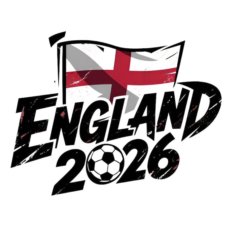 May include: A graphic design featuring the text "ENGLAND 2026" in black, with a soccer ball and the English flag. The flag is white with a red cross. The design is on a white background.