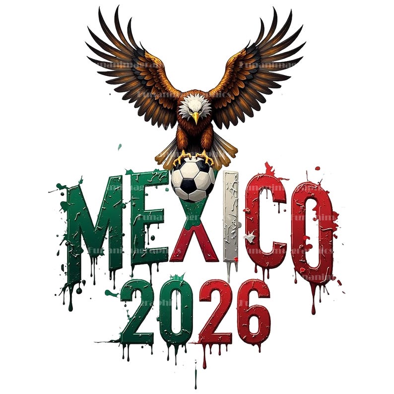 Puede incluir: Ilustraci&oacute;n detallada de un &aacute;guila marr&oacute;n y blanca con las alas extendidas, posada sobre un bal&oacute;n de f&uacute;tbol. La palabra "M&Eacute;XICO" est&aacute; en verde y rojo, con el a&ntilde;o "2026" debajo, todo sobre un fondo blanco.