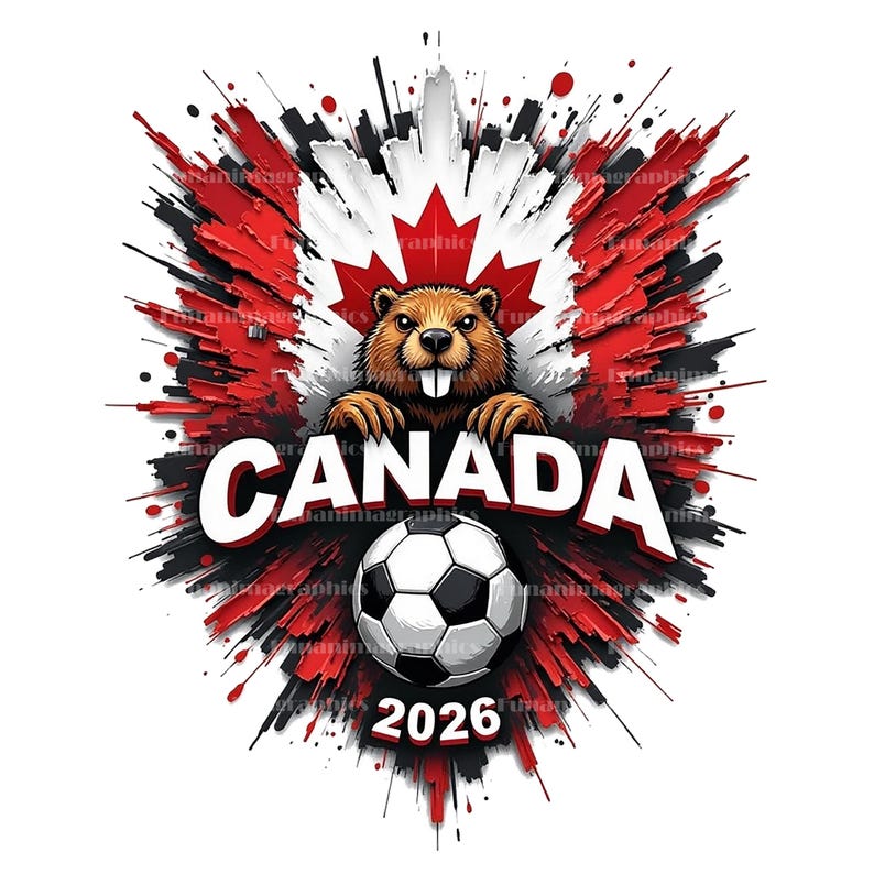 Puede incluir: Dise&ntilde;o gr&aacute;fico con un castor, la palabra "CANADA" en blanco y un bal&oacute;n de f&uacute;tbol. El fondo es una bandera canadiense estilizada con explosiones rojas y negras. El a&ntilde;o "2026" est&aacute; debajo del bal&oacute;n.