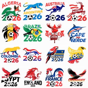 以下が含まれることがあります： 様々な国の国旗とマスコットをあしらった、カラフルなサッカーをテーマにしたグラフィックのコレクション。各デザインにはサッカーボールと2026年が含まれています。国：アルジェリア、アルゼンチン、オーストラリア、オーストリア、ベルギー、ブラジル、カナダ、カーボベルデ。