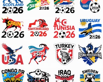 Paquete de imágenes prediseñadas PNG de los logotipos de las 48 selecciones nacionales de la Copa Mundial 2026, descarga digital de fútbol, uso comercial, paquete de 48 piezas.