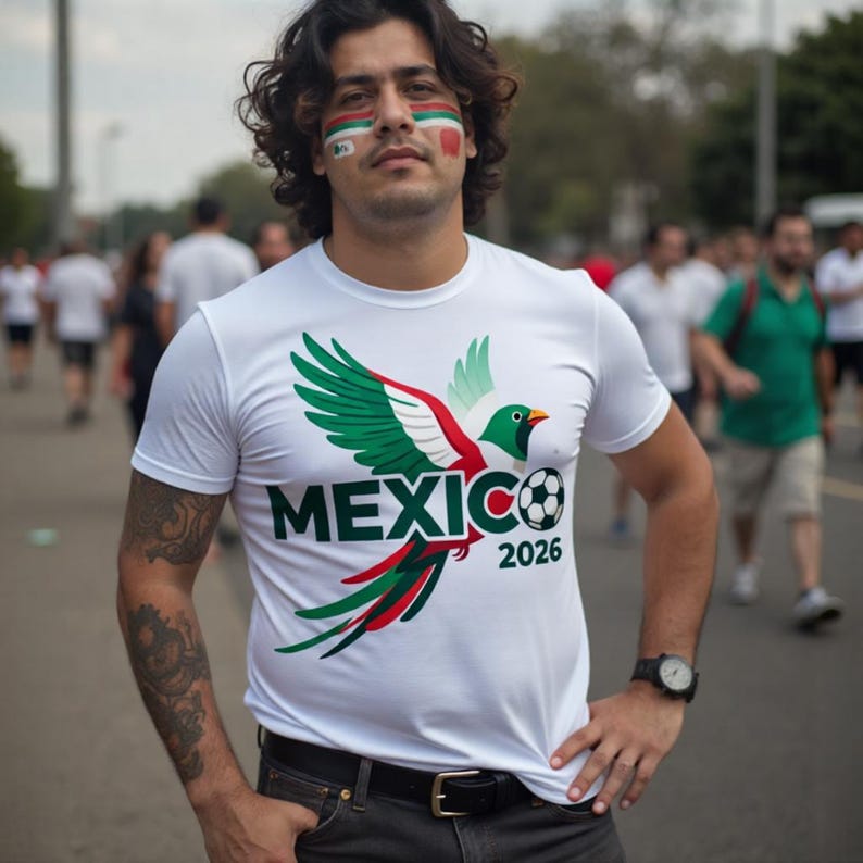 以下が含まれることがあります： 緑、赤、白の鳥のグラフィックと緑色の「MEXICO」の文字が入った白いTシャツ。シャツにはサッカーボールと「2026」の年号も入っています。画像の人もTシャツを着ていて、顔にペイントをしています。