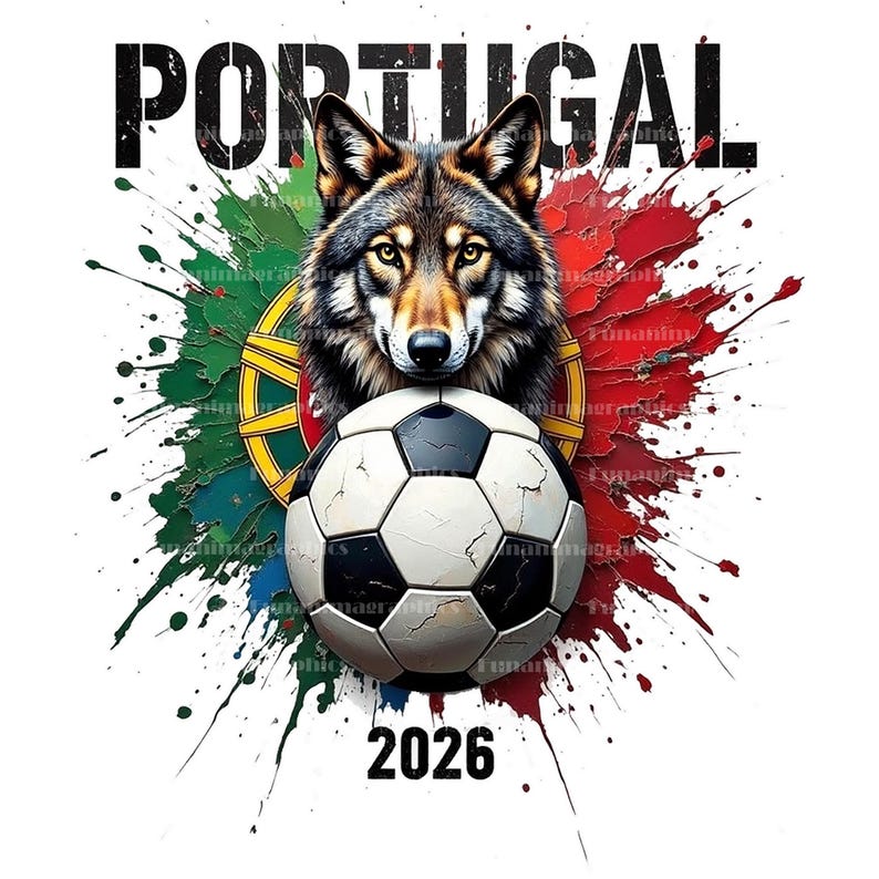 Puede incluir: Ilustraci&oacute;n digital con un lobo y un bal&oacute;n de f&uacute;tbol, la palabra "PORTUGAL" arriba y "2026" abajo. El fondo tiene un salpicado de verde, rojo y blanco, los colores de la bandera portuguesa.