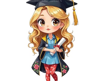 Paquete de imágenes PNG estilo chibi de graduación de enfermería para sublimación, cómics, avatares y fan art, uso comercial, 20 piezas.