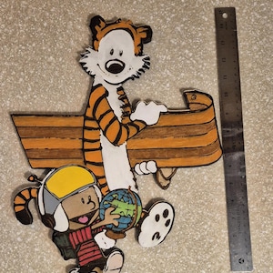 Calvin and Hobbes Exploring Wall Hanging, Laser Engraved, Hand Painted