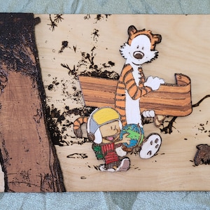 Calvin and Hobbes Exploring, Laser Engraved, Hand Painted, Comic Scene