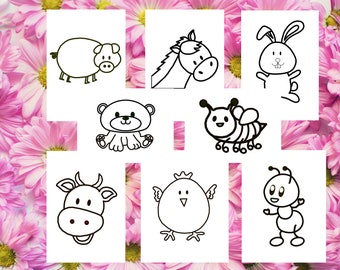 Actividad para colorear para niños, páginas para colorear imprimibles, paquete PDF de 8 animales adorables, hojas para colorear para descargar, páginas para colorear para niños