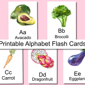 Tarjetas didácticas del alfabeto de frutas y verduras, nombres de frutas y verduras de la A a la Z, actividad de aprendizaje preescolar, preescolar y jardín de infancia, educación en el hogar