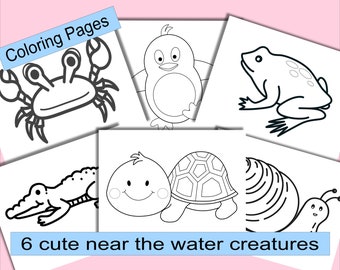 Near water creatures kids coloring pages, near ocean animal Printable coloring book, Water Animal coloring pages, ocean kids activity pack