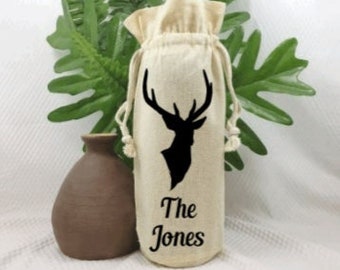 Personalized Deer Head Image Wine & Whiskey Bag, 750ML Bottle Bag, Gift For Him, Hostess Gift For Friend, Gift Bag For Whiskey, Liquor Bag