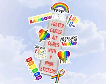 LGBTQ Stickers & Prayer Candle Kit, Pride Stickers, Gay Pride Candle, Pride Month Gift, Rainbow Home Decor, Queer Party Favors, Centerpiece