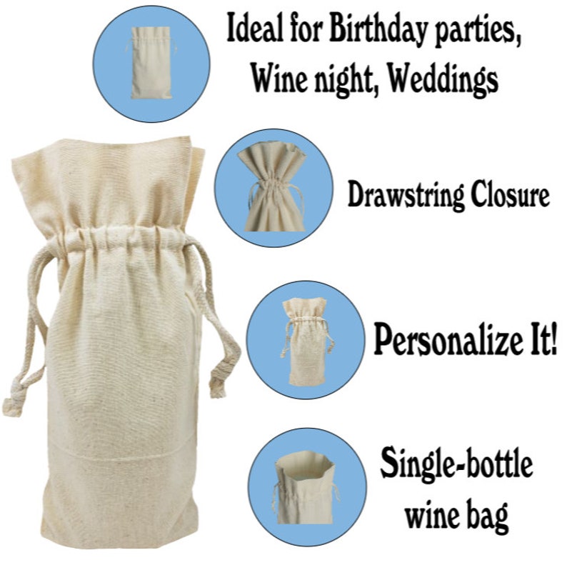 750ml Wine Gift Bag, Reusable Cotton Single Bottle Carrier Tote, Best Friend Birthday Celebration Present, Champagne Spirits Party Favors image 5