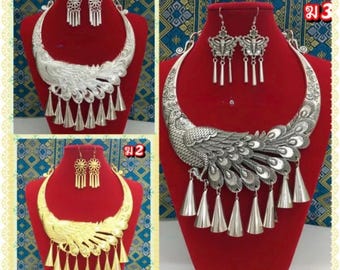 issan Lao Thai Style Peacock goud-zilveren ketting sieraden met oorbellen