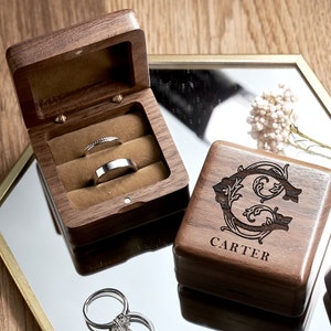 Wedding Ring Box Personalized Ring Box Ring Bearer Box Double Slot Square Wooden Ring Box for Wedding Ceremony Engagement Ring Box image 1
