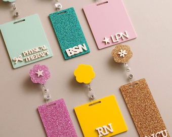 Custom Badge Buddy ID Holder, Acrylic Nurse Tag, RN Gift, Cute Personalized Badge Plate with Color Options