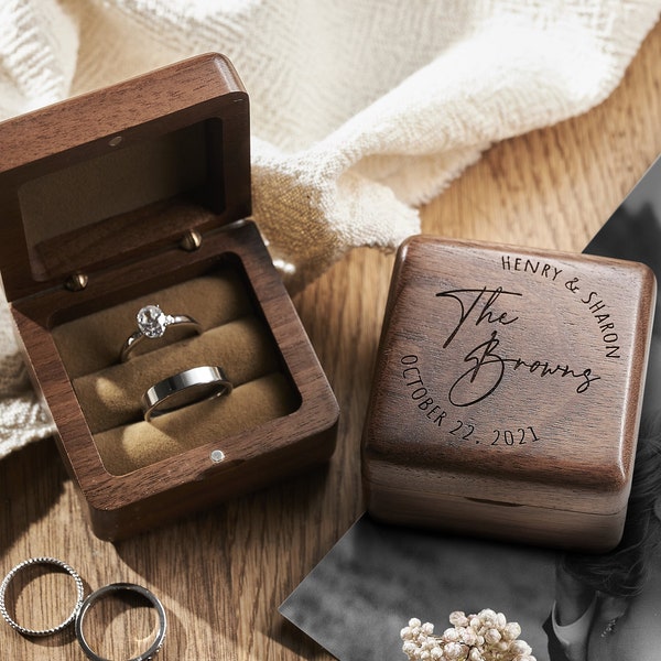 Engagement Ring Box | Square Wooden Ring Box for Wedding Ceremony | Double Slot Wedding Ring Box | Ring Bearer Box| Anniversary Gift