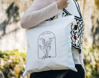 Personalisierte Canvas Tote Bag Weihnachtsgeschenke für sie | Geschenk für Mama Beste Freundin Geburtstagsgeschenk Brautjungfer Tote | Kundenspezifisches Geburtsblumen-Geschenk