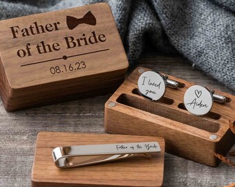 Custom Metal Cufflinks& Tie Clip Set, Dad Valentines Gifts, Father of the Bride, Men Valentines Day Gift Ideas, Engraved Cuff Links