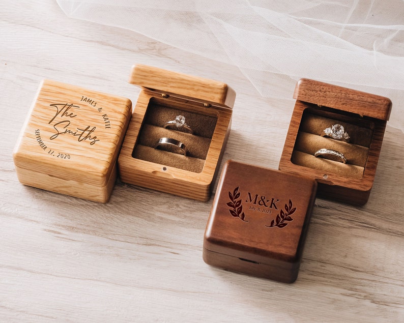 Wedding Ring Box Personalized Ring Box Ring Bearer Box Double Slot Square Wooden Ring Box for Wedding Ceremony Engagement Ring Box image 6