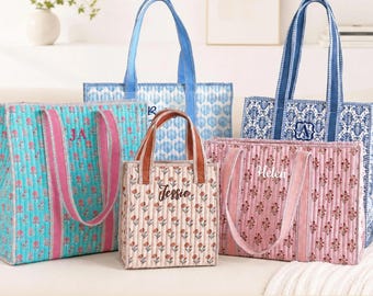 Personalized Embroidered Block Print Tote Bag, Custom Quilted Cotton Beach Bag, Monogram Gift for Her