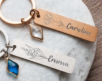 Personalized Birth Flower Keychain: Custom Engraved Stainless Steel Keyring