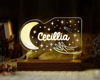 Custom Name Night Light Valentines Gifts Bedroom LED Moon and Star Decor Sign | Light up Sign | Personalized Gifts for Baby Boy Baby Girl