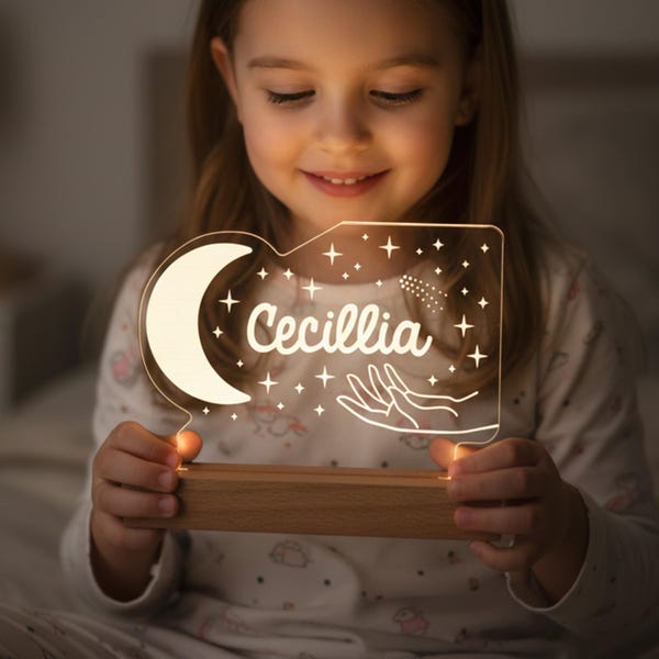 Lámpara de noche LED personalizada con nombre: Decoración infantil con luna y estrellas