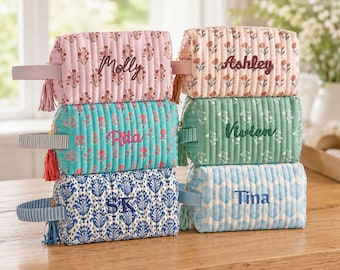 Floral Block Print Quilted Makeup Bag with Handle, Personalized Embroidered Cosmetic Bag, Monogram Toiletry Pouch, Bridesmaid Gift [N]