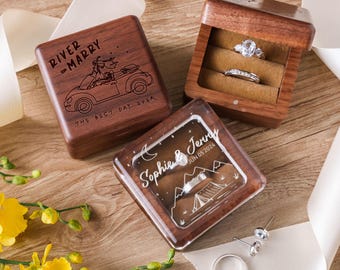 Engraved Wooden Ring Box, Anniversary Gift, Engagement Ring Box, Ring Bearer Box, Valentine's Day Gift for her, Square Wooden Ring Box DLY