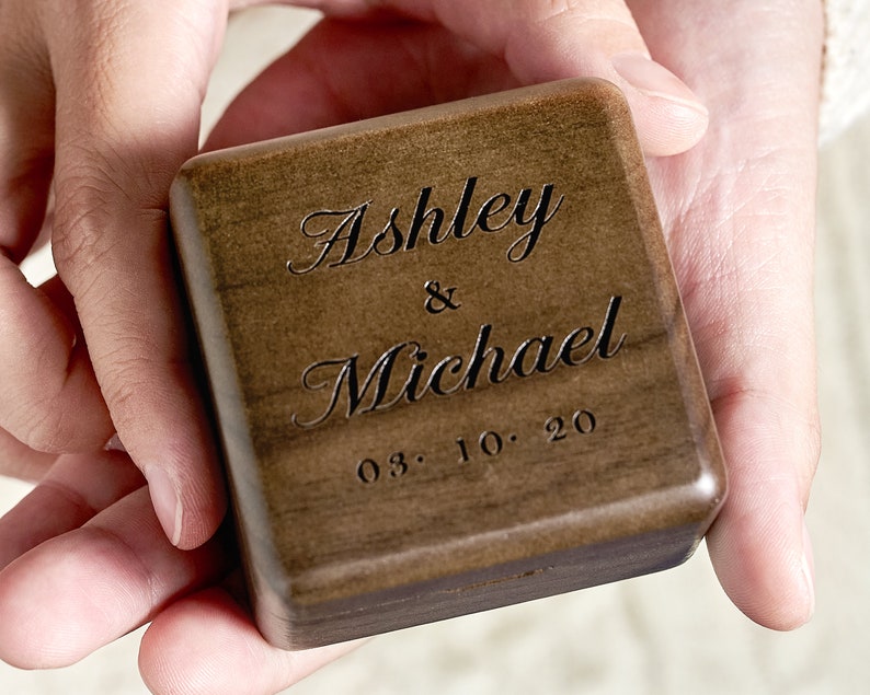 Wedding Ring Box Personalized Ring Box Ring Bearer Box Double Slot Square Wooden Ring Box for Wedding Ceremony Engagement Ring Box image 7