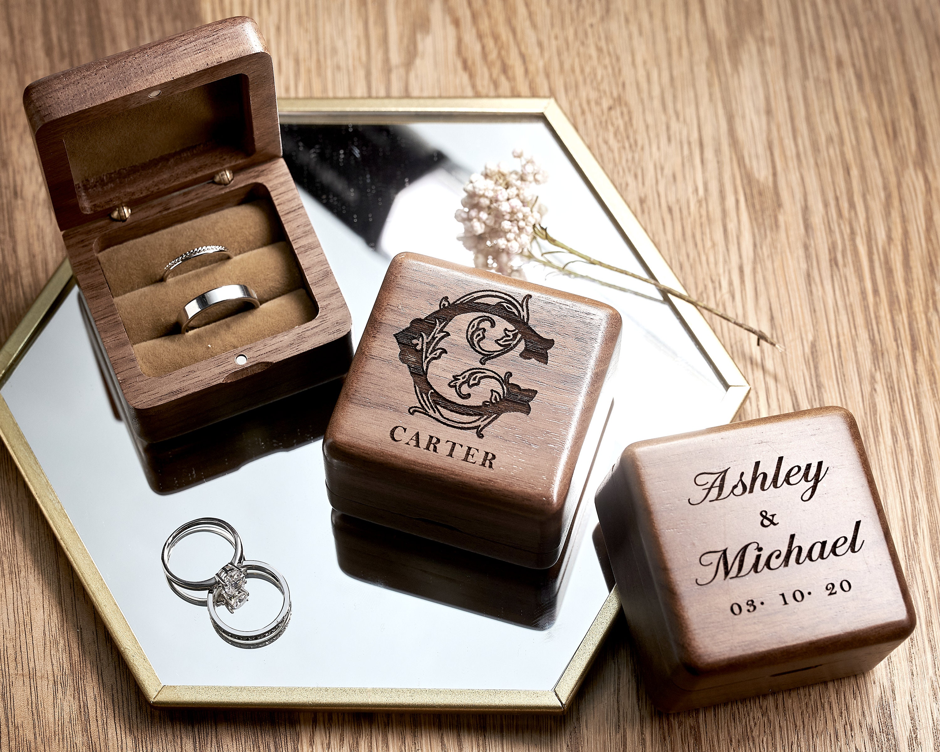 Ring Display Case Details about   Small Wooden Ring Box Double Slot Wedding Ring Bearer Box 