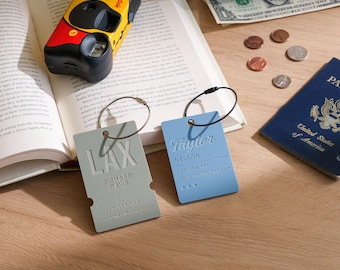 May include: Two rectangular luggage tags with metal cable loops. The gray tag features the text LAX, RICHARD DAVIS, 123-456-7890, and youremail@email.com. The blue tag features the text Taylor, NELSON, 123-456-7890, and youremail@email.com.