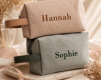 Embroidered Twill Cosmetic Bag, Water Resistant Makeup Pouch, Bridesmaid Bags