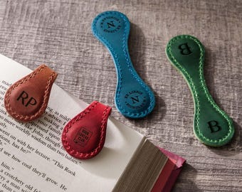Monogram Leather Magnetic Bookmark: Engraved Reader Gift