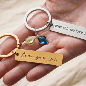 Personalized Drive Safe Keychain Birth Month Stone | Keychain for Boyfriend | Graduation Gift for her | Engraved Custom Keychain